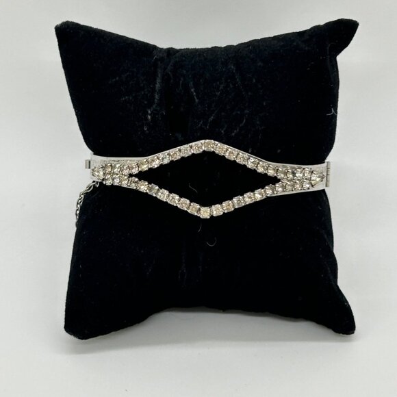 Vintage Silver-Tone Hinged Bangle Bracelet With Rhinestone Accents & Safety Chai - Picture 9 of 13